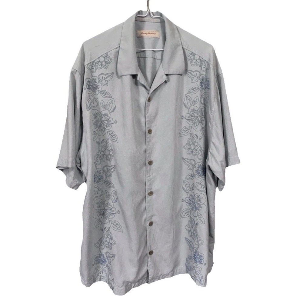 Tommy Bahama 1XB 100% Silk Short Sleeve Button Up Shirt Blue Floral Embroidered